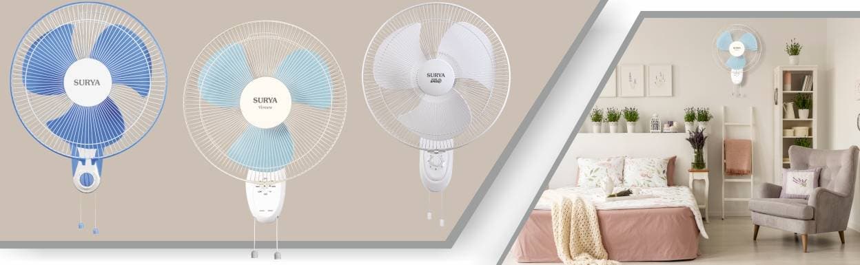 Surya Wall Fans deliver strong airflow in a space saving design making them ideal for homes shops kitchens